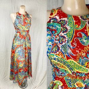 Vintage 70s High Next Paisley Abstract Print Vibrant Pattern Bow Maxi Dress